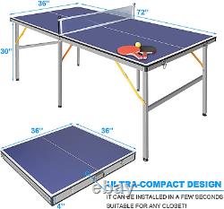 6Ft Mid-Size Table Tennis Table Foldable & Portable Ping Pong Table Set for Indo