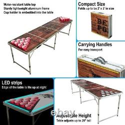 8' Beer Pong Portable Folding Game Table Aluminum LED Lights Cup Holder WOOD