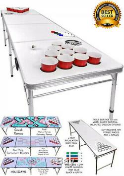 8-Foot Flip Cup Beer Pong Table Set With Holes Tailgate Pool Game Portable Erase