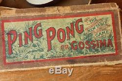 Antique Jaques Ping Pong Gossima Table Tennis Set. Vellum Bats Paddles Net Boxed