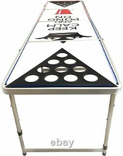 Beer Pong Table Foldable 8 Foot Pre-Drilled Cup Holders, LED Lighting KEEP CALM