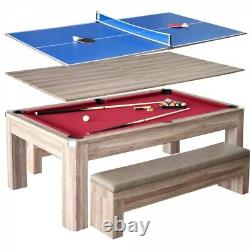 Combo Game Table Brown 7ft Pool Table with Table Tennis Conversion Top 2 Benches