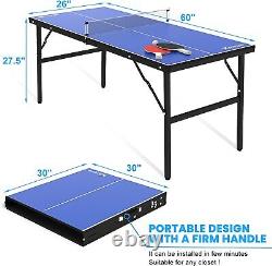 Foldable Indoor Tennis Ping Pong Table with a Net, 2 Paddles and Balls 60 inches