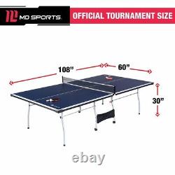 Official Size Table Tennis Table, 15mm, 4 Piece, Pong Table, Blue/White