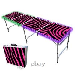 PartyPong 8-Foot Folding Beer Pong Table withLED Lights Pink Zebra Edition