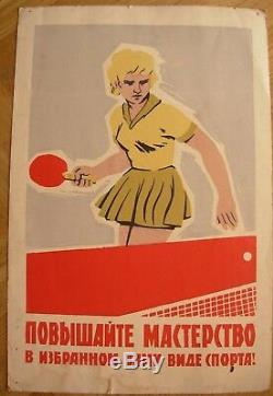 Rare Soviet Russian Original Silkscreen Sport POSTER Table Tennis increase skill