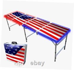Table de beer pong pliante de 8 pieds avec lumières LED et drapeau des États-Unis de beer pong avec lumières LED.