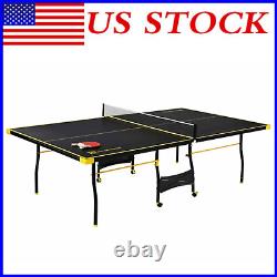 Table de ping-pong de taille officielle pour tennis d'intérieur, 2 raquettes, balles, pliable, noir/jaune.