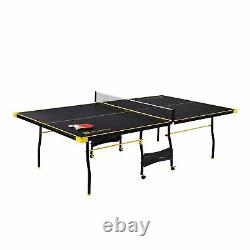 Table de ping-pong de tennis d'intérieur de taille officielle avec 2 raquettes, balles pliables noire/jaune.