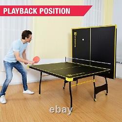 Table de ping-pong de tennis d'intérieur de taille officielle avec 2 raquettes, balles pliables noire/jaune.