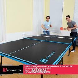 Table de ping-pong de tennis d'intérieur de taille officielle avec 2 raquettes, des balles noires/bleues pour le sport.