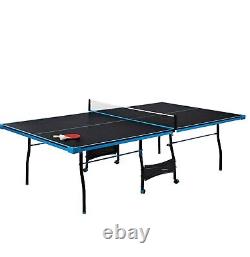 Table de ping-pong officielle de taille avec 2 raquettes pliables et roulettes.