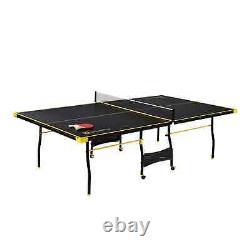 Table de ping-pong pliable de taille officielle avec raquettes, balles et filet pour intérieur.