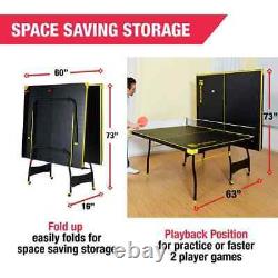 Table de ping-pong pliable de taille officielle avec raquettes, balles et filet pour intérieur.