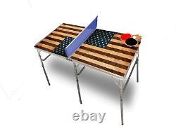 Table de ping-pong pliante portable avec accessoires, aspect bois drapeau américain