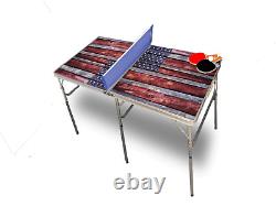 Table de ping-pong pliante portable rustique avec drapeau américain et accessoires