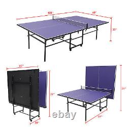 Table de tennis de table pliante de 9 pieds de taille standard pour l'intérieur avec filet en maille et 4 roues NEUF