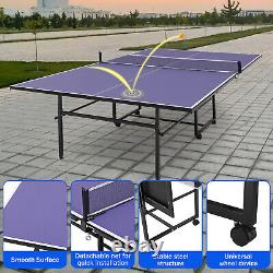 Table de tennis de table pliante de 9 pieds de taille standard pour l'intérieur avec filet en maille et 4 roues NEUF