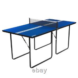 Table de tennis de table pliante de taille moyenne pour jeux en intérieur avec filet de 12 mm et dimensions de 6x3 pieds en bleu.