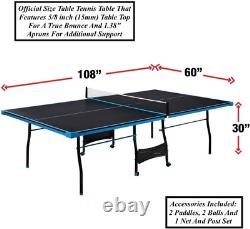 Table de tennis de table pliante roulante en noir et bleu avec 2 raquettes