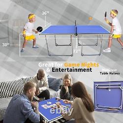 Table de tennis de table portable de 6 pieds avec filet, raquettes et balles pour une utilisation intérieure et extérieure.