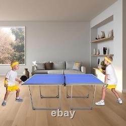 Table de tennis de table portable de 6 pieds avec filet, raquettes et balles pour une utilisation intérieure et extérieure.